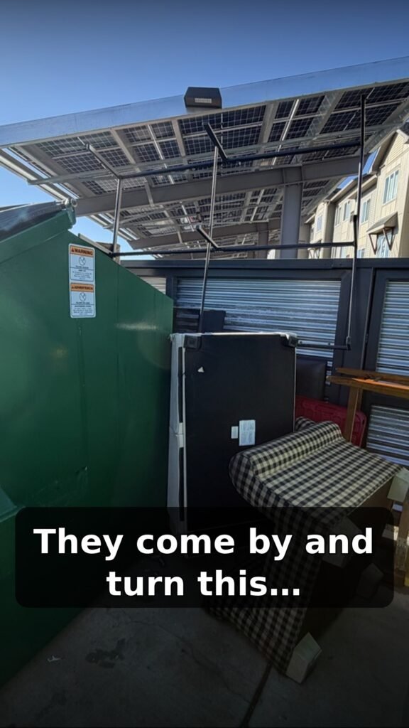 Apartment trash enclosure blocked by a refrigerator and couch before AZ Haul cleanout