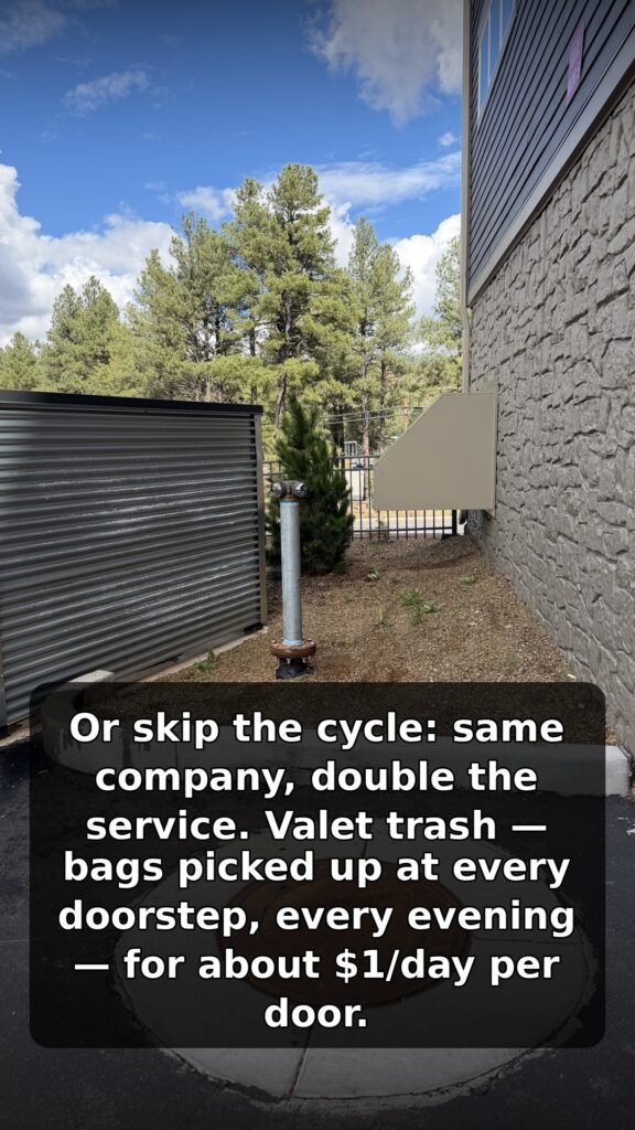 Clear walkway beside a Flagstaff apartment building after valet trash and bulk service